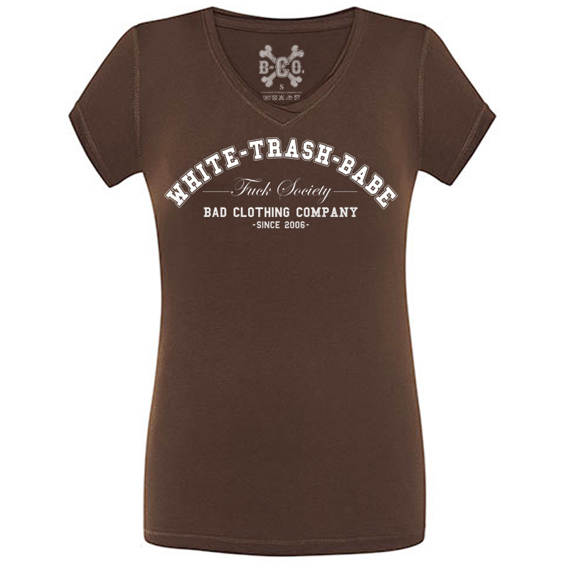 WTB-V-Neck-braun White Trash Babe - Fuck Society, V-Neck Girls Tee, braun / brown