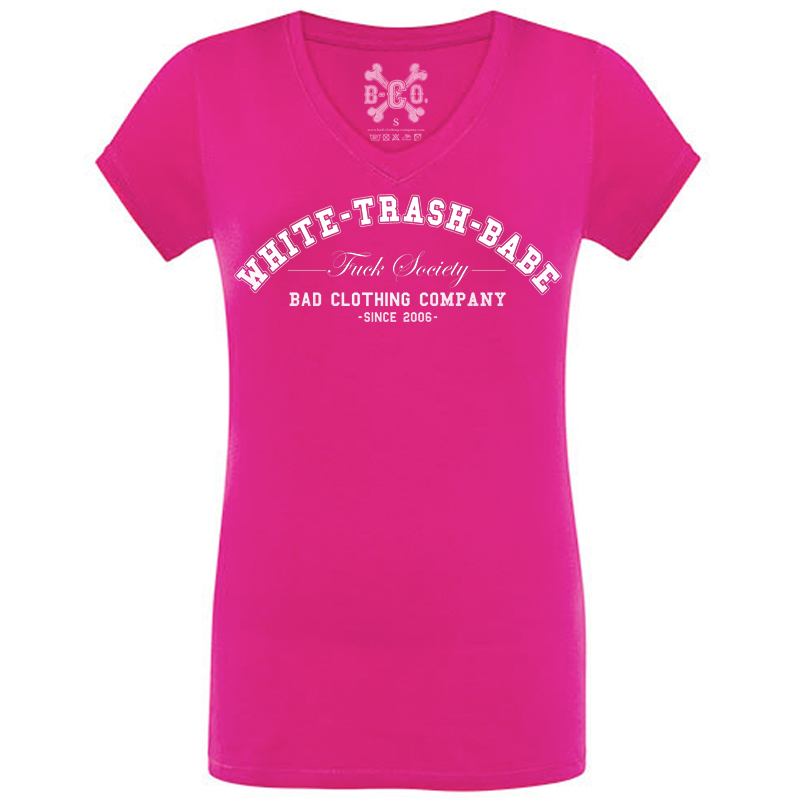 WTB-V-Neck-fuchsia White Trash Babe - Fuck Society, V-Neck Girls Tee, fuchsia / pink