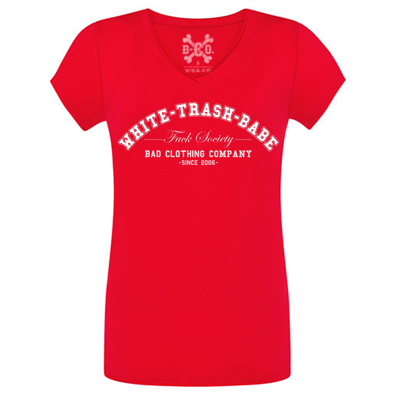 WTB-V-Neck-red White Trash Babe - Fuck Society, V-Neck Girls Tee, rot / red