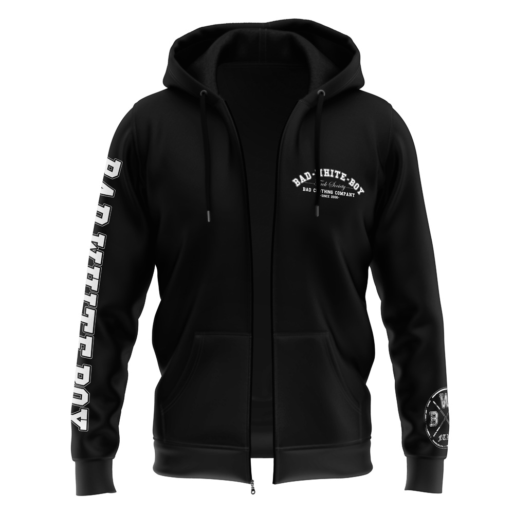 FuckSociety_Kapu_Zippjacke_Black_Front Bad White Boy - Fuck Society, Kapu-Zippjacke / Zipp-Hoody schwarz / black